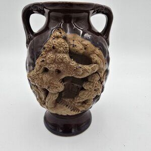 Vintage Ceramic Two-Handled Vase Sculpted Rustic Landscape Mid-Century